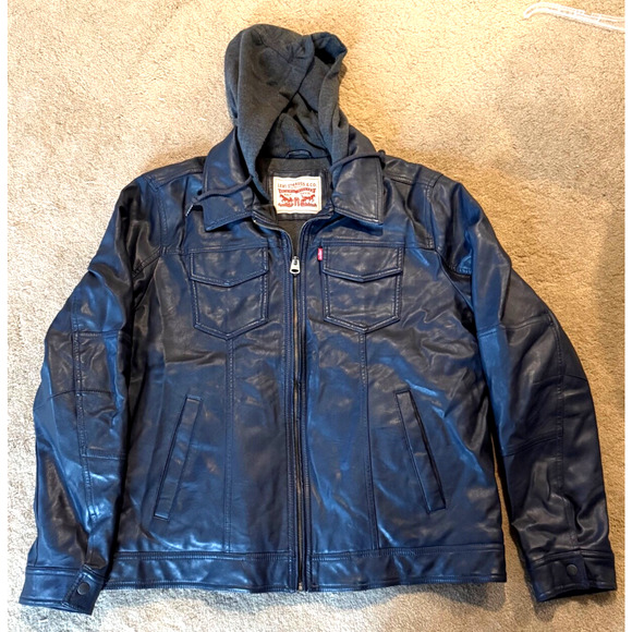 Mens Levis Black Faux Leather Jean Jacket Lined Zip Up Hooded Size Large $140 - Picture 1 of 14